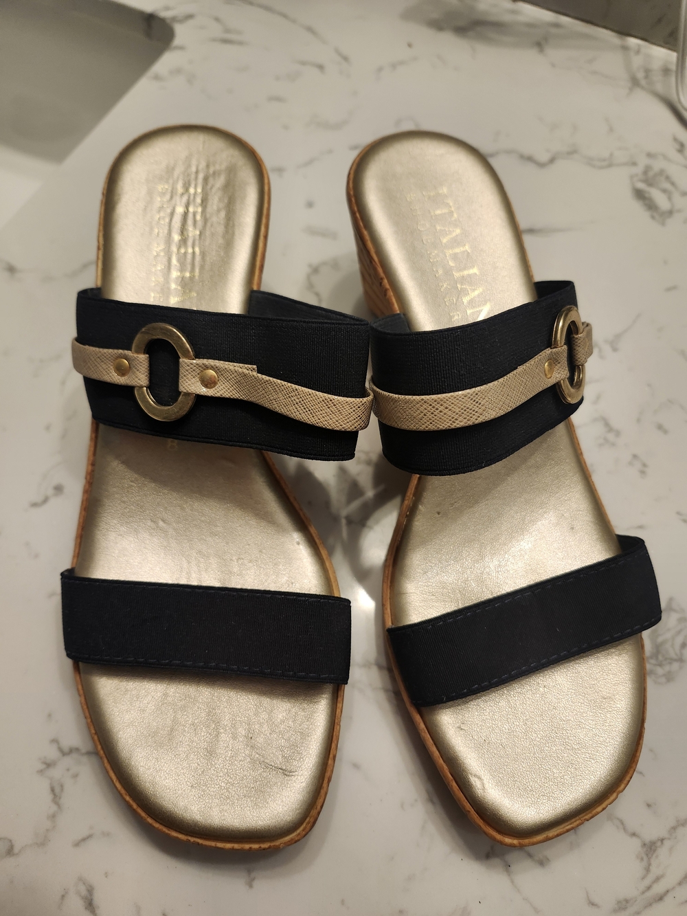 Beautiful Women's Navy and Gold Slip-On Mules with Nautical Vibe!